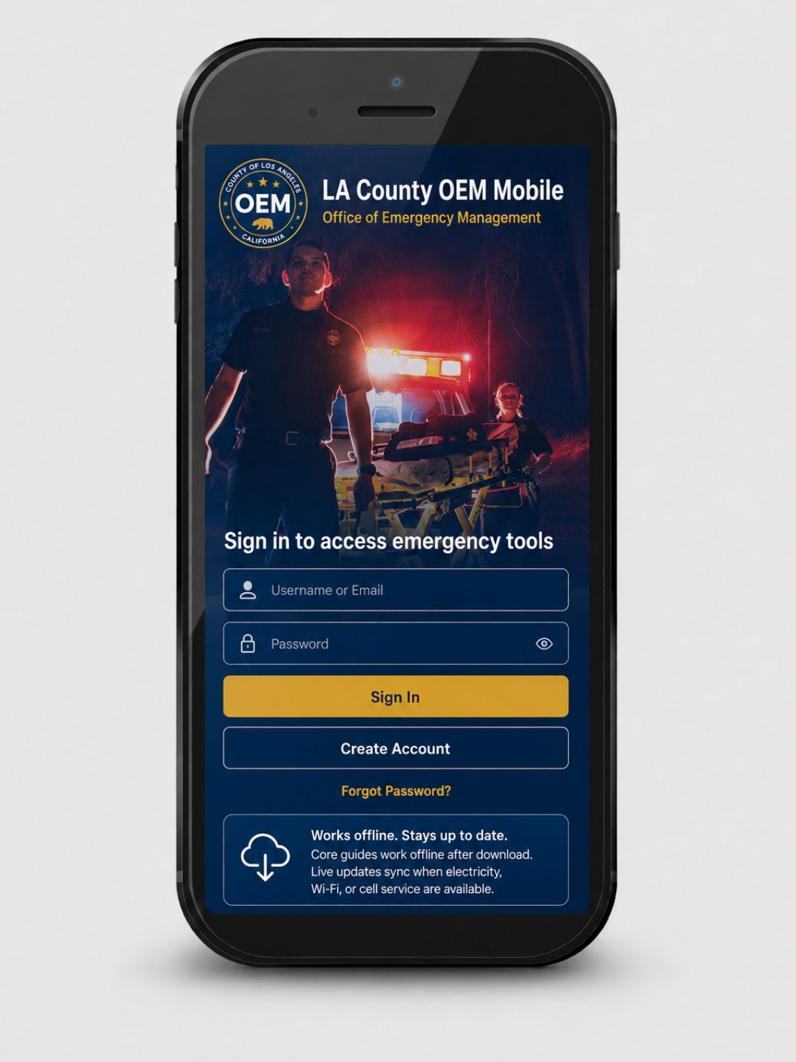 LA County OEM Mobile concept screen: Secure Sign-In / Account Access