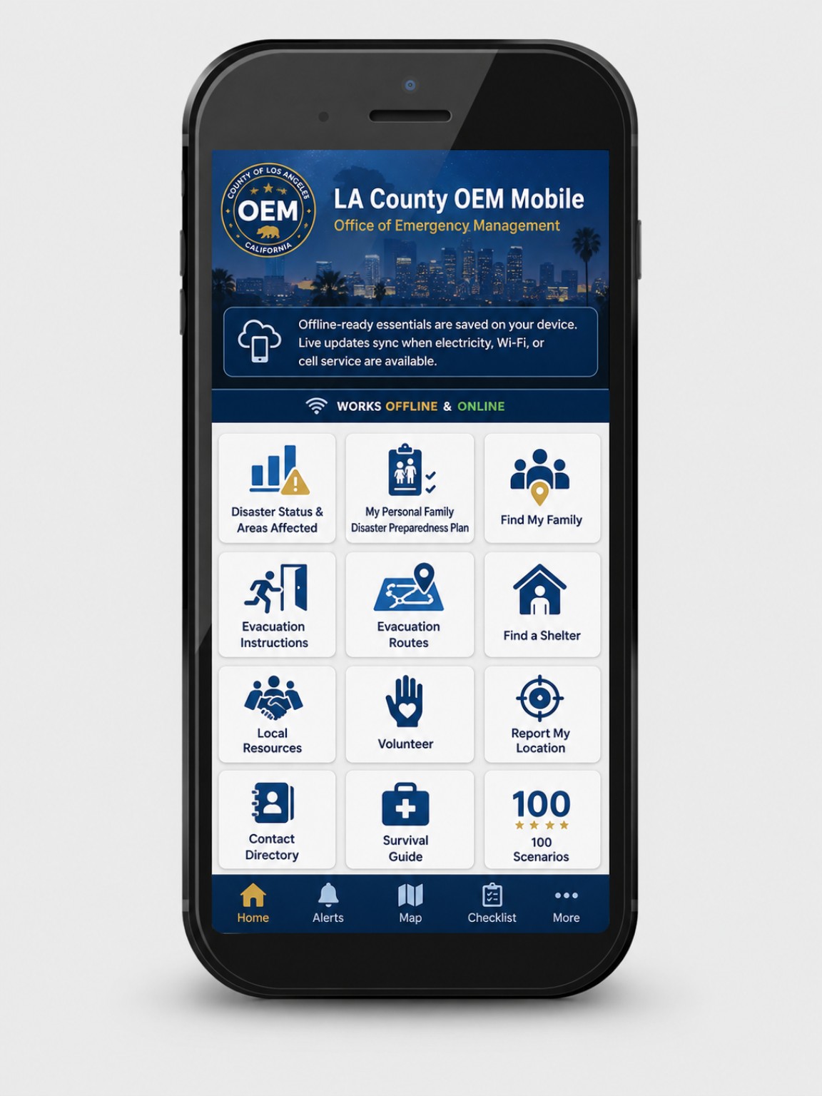 LA County OEM Mobile concept screen: Mobile Home / Emergency Tools