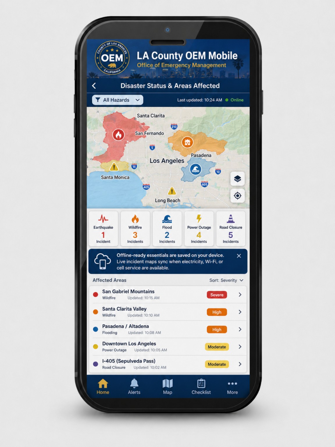 LA County OEM Mobile concept screen: Disaster Status & Areas Affected