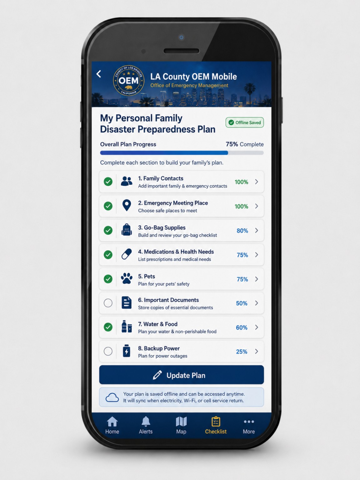 LA County OEM Mobile concept screen: My Personal Family Disaster Preparedness Plan