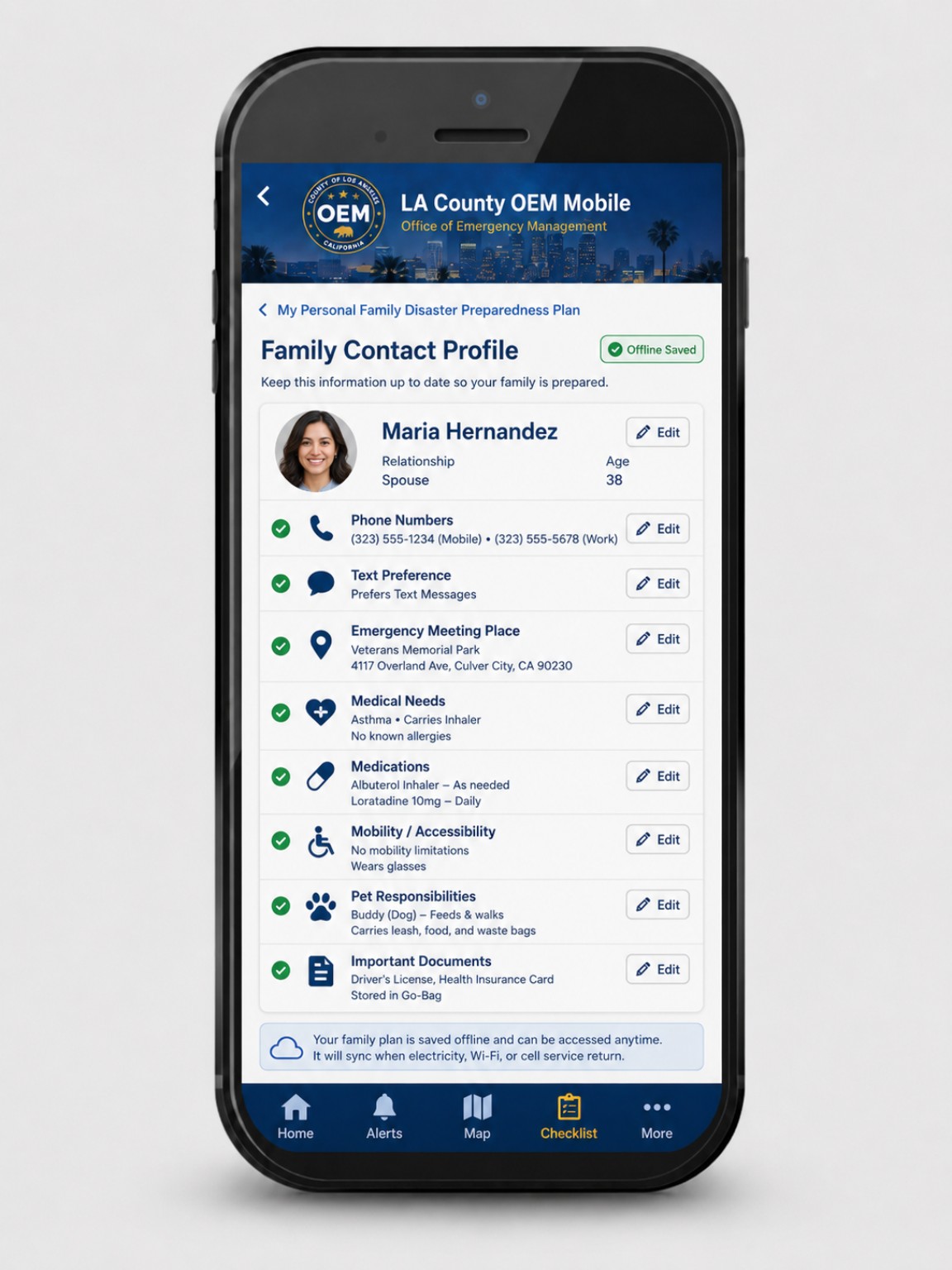 LA County OEM Mobile concept screen: Family Contact Profile