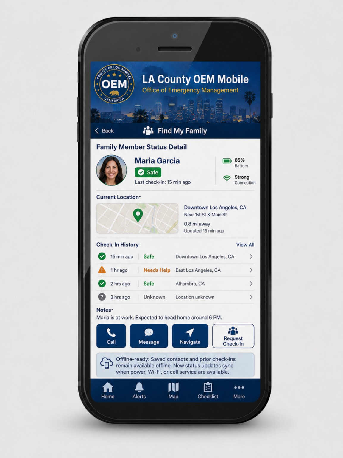 LA County OEM Mobile concept screen: Family Member Status Detail