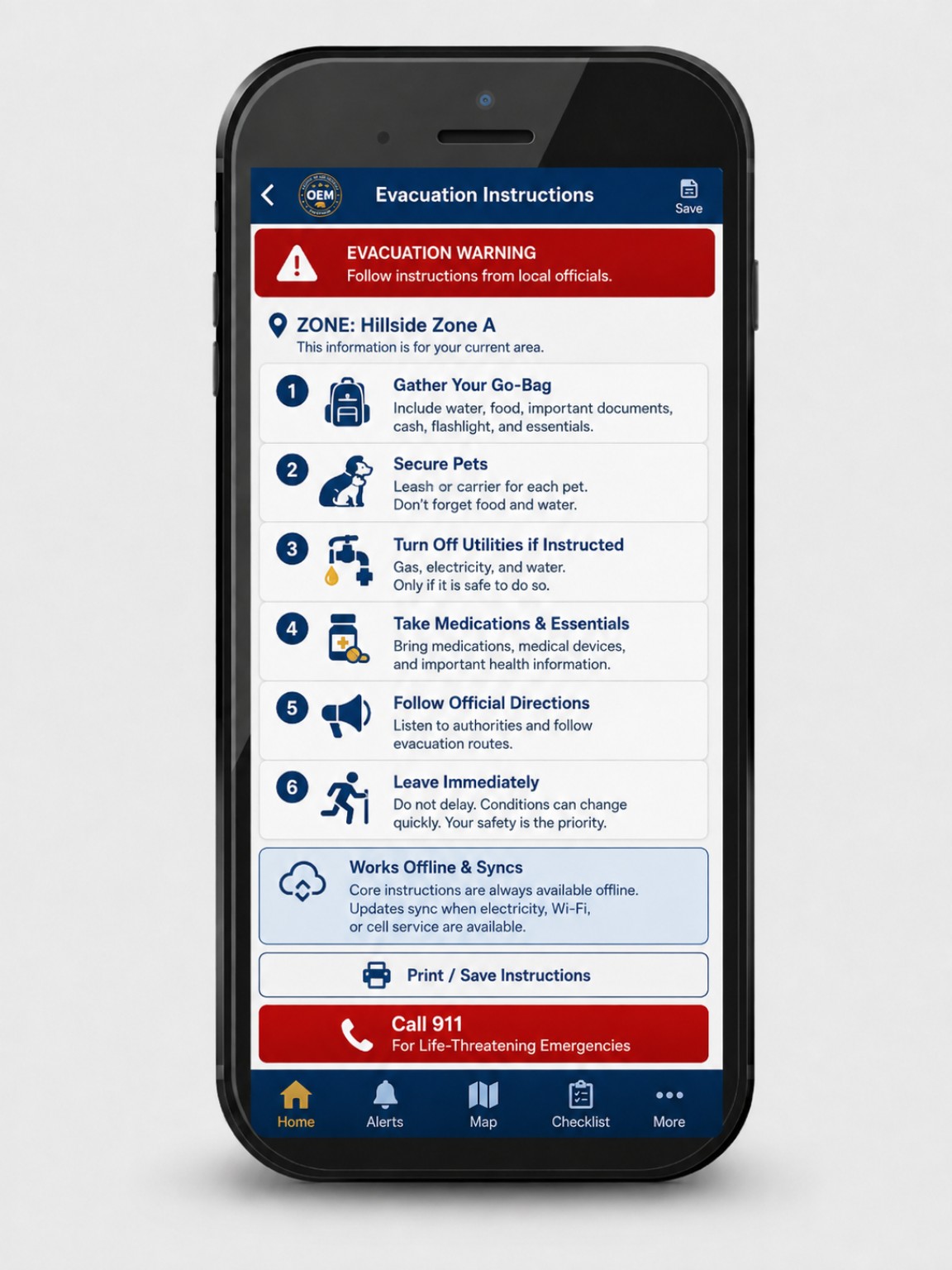 LA County OEM Mobile concept screen: Evacuation Instructions