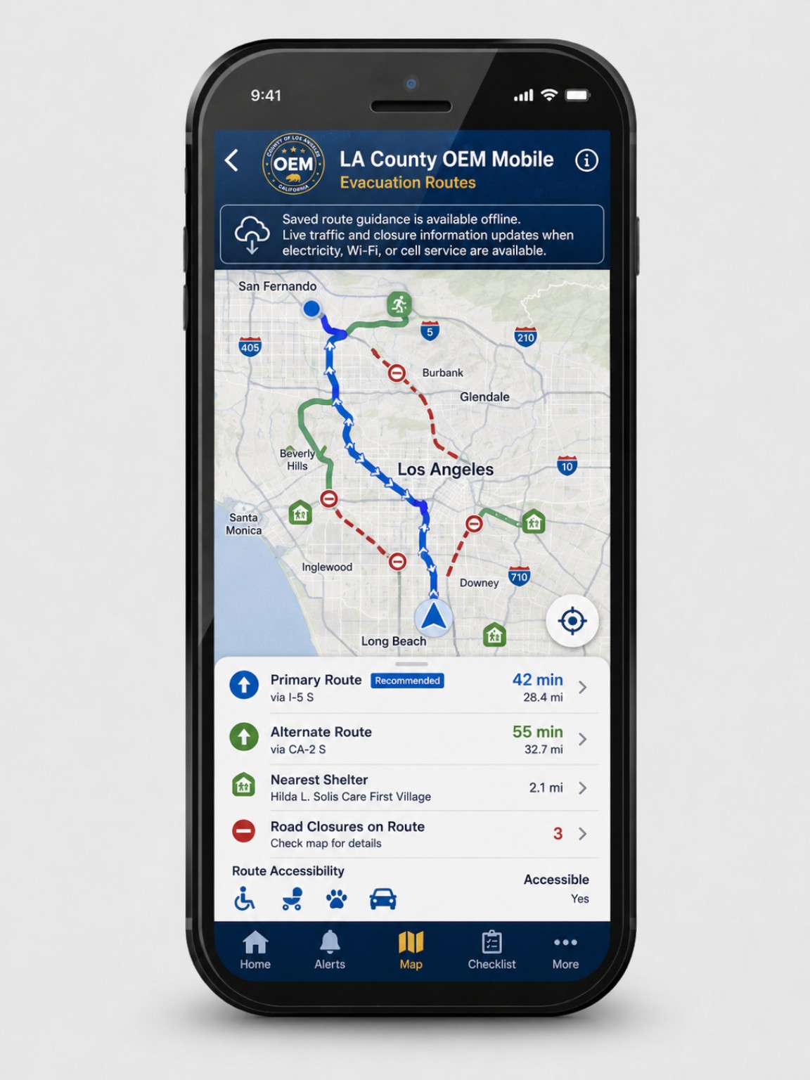 LA County OEM Mobile concept screen: Evacuation Routes