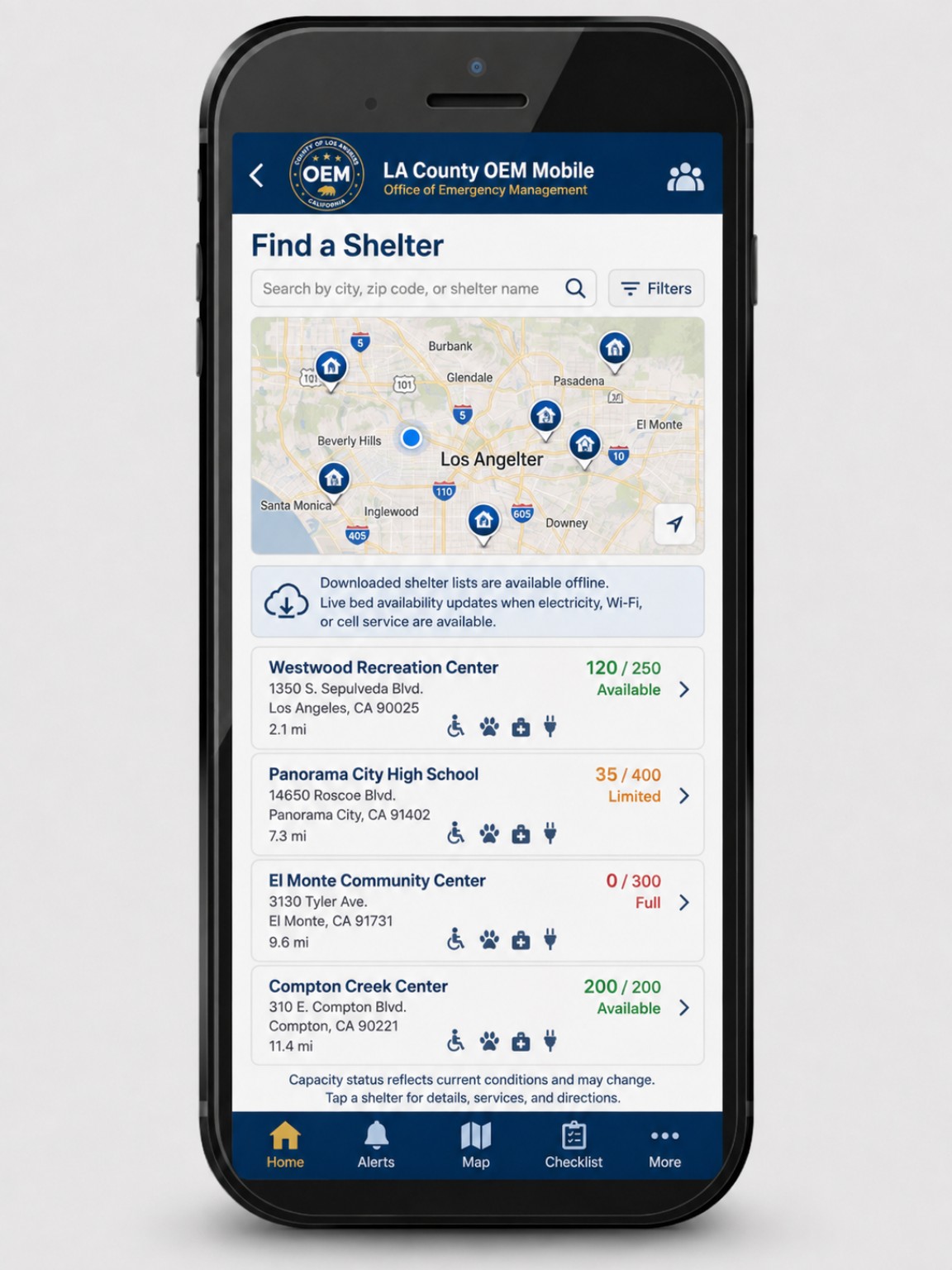LA County OEM Mobile concept screen: Find a Shelter