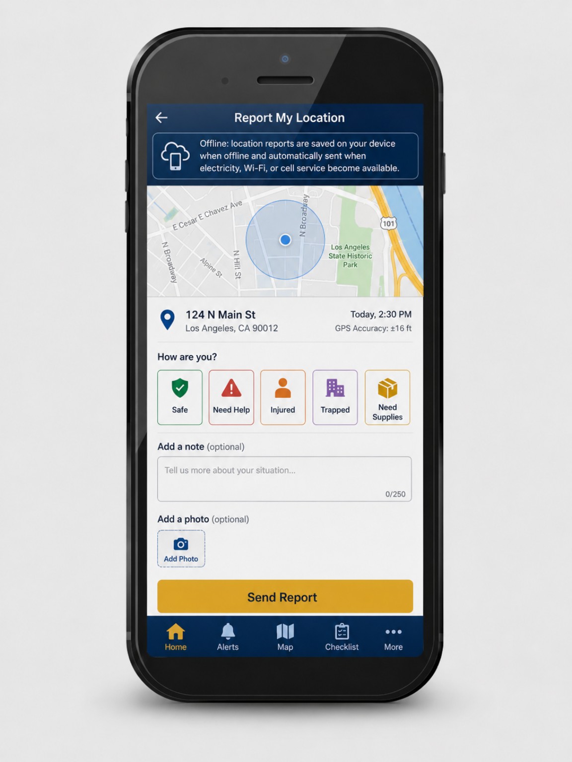 LA County OEM Mobile concept screen: Report My Location