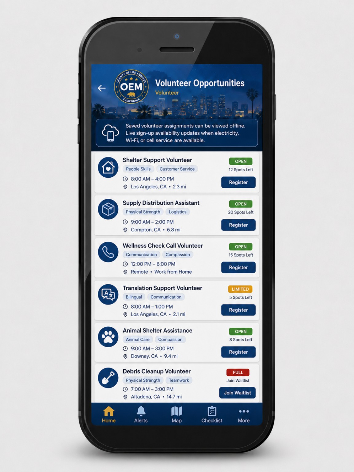 LA County OEM Mobile concept screen: Volunteer Opportunities