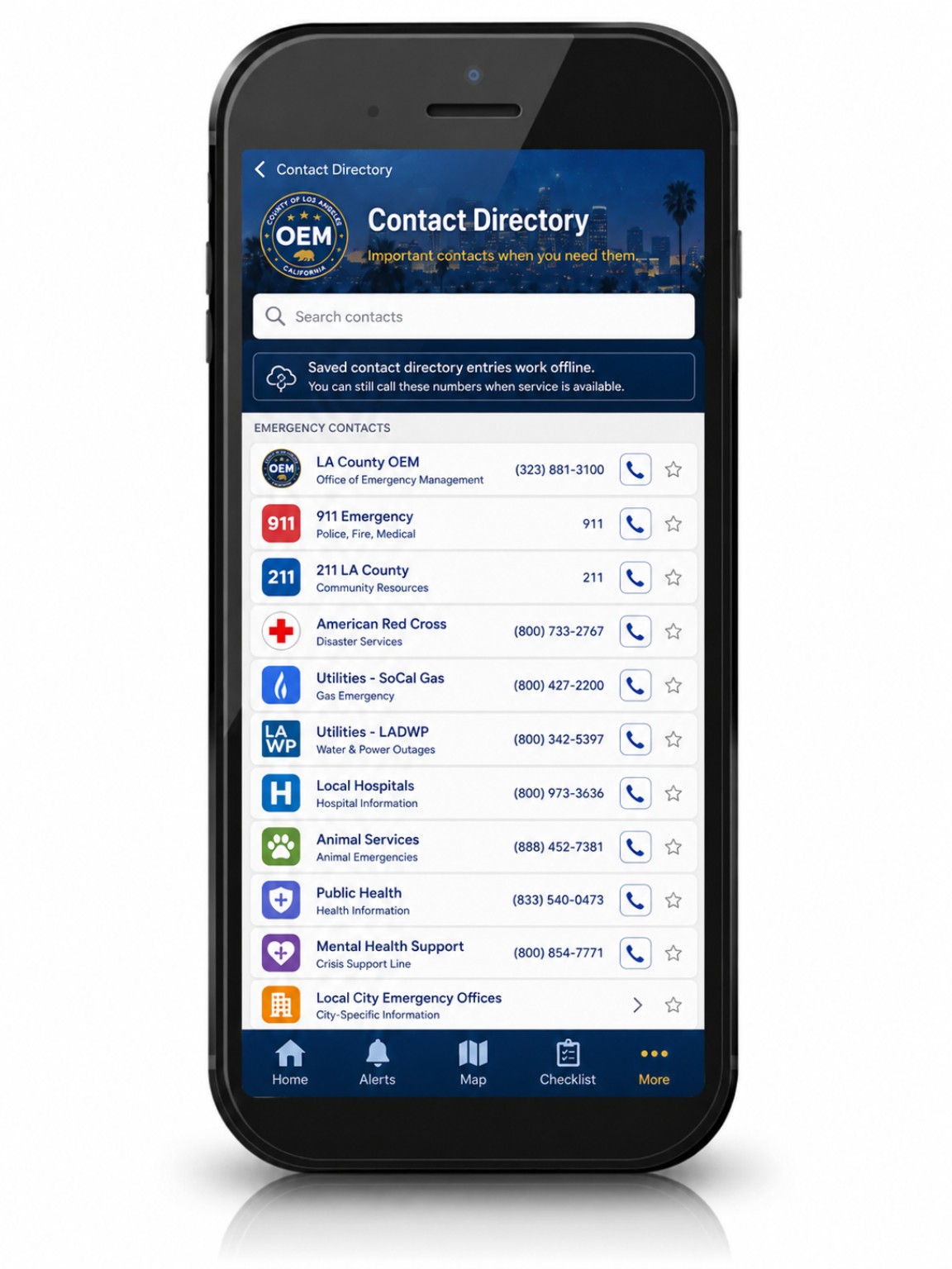 LA County OEM Mobile concept screen: Contact Directory