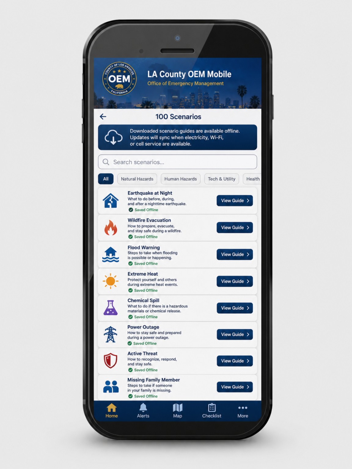 LA County OEM Mobile concept screen: 100 Emergency Scenarios