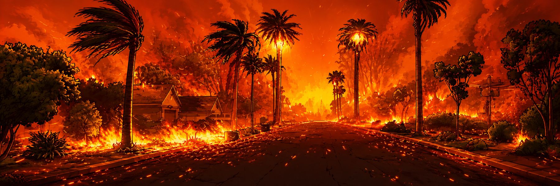 Wildfire moving through a Los Angeles neighborhood with palm trees