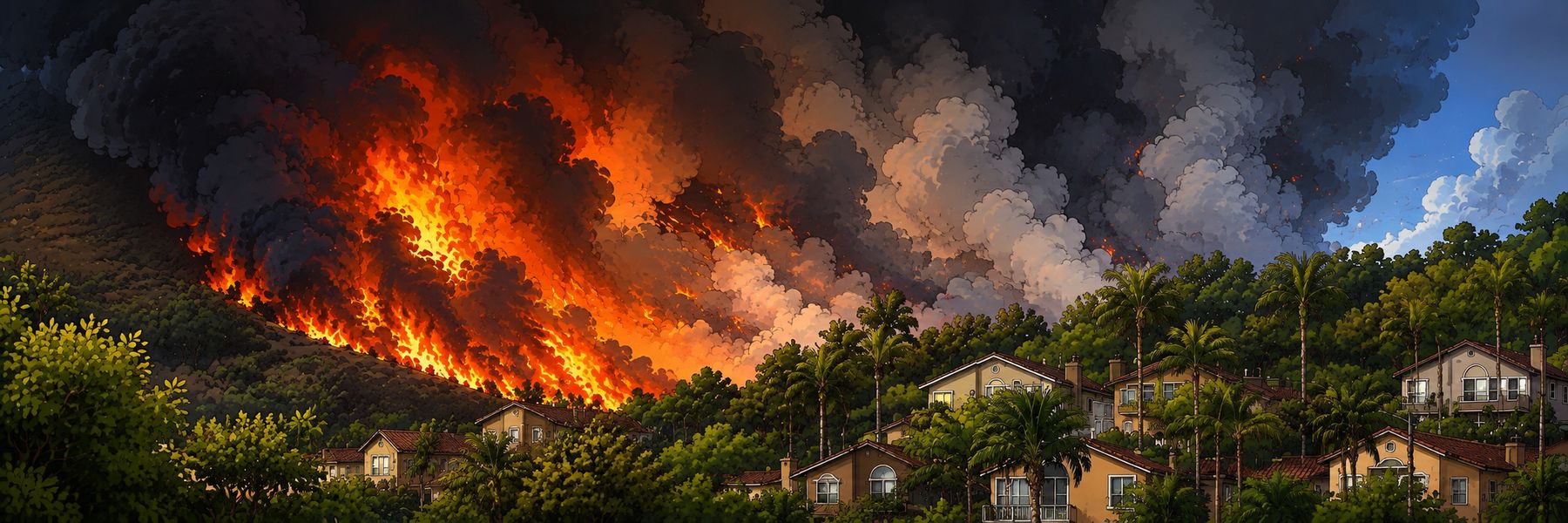Large wildfire above a Los Angeles hillside residential community