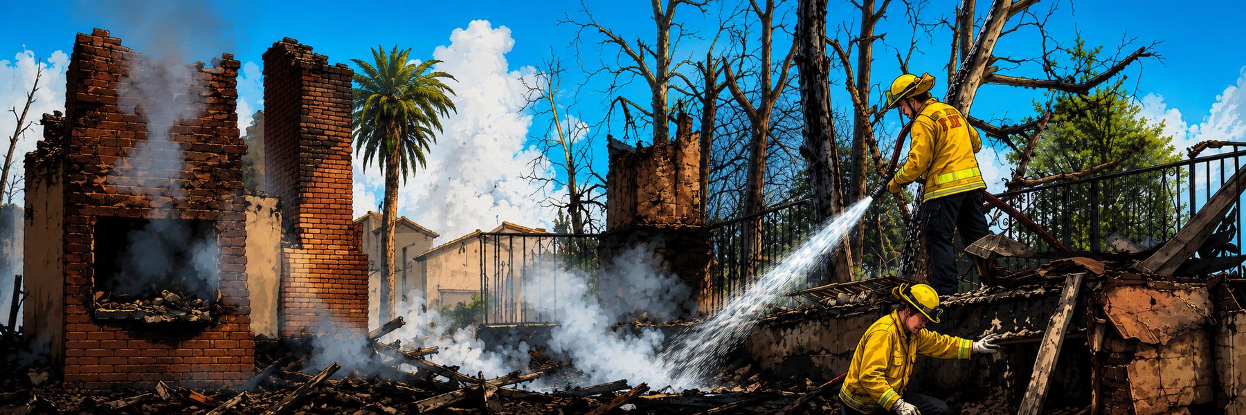 Firefighters working through smoking structural ruins after a disaster
