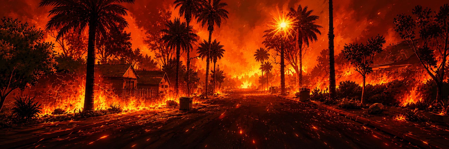 Wildfire burning along a Los Angeles residential street