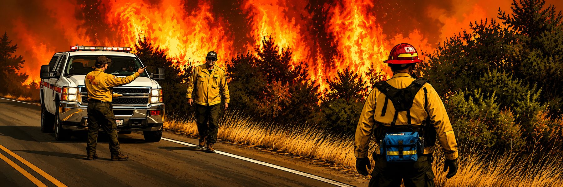 Emergency personnel coordinating along a roadway during a wildfire