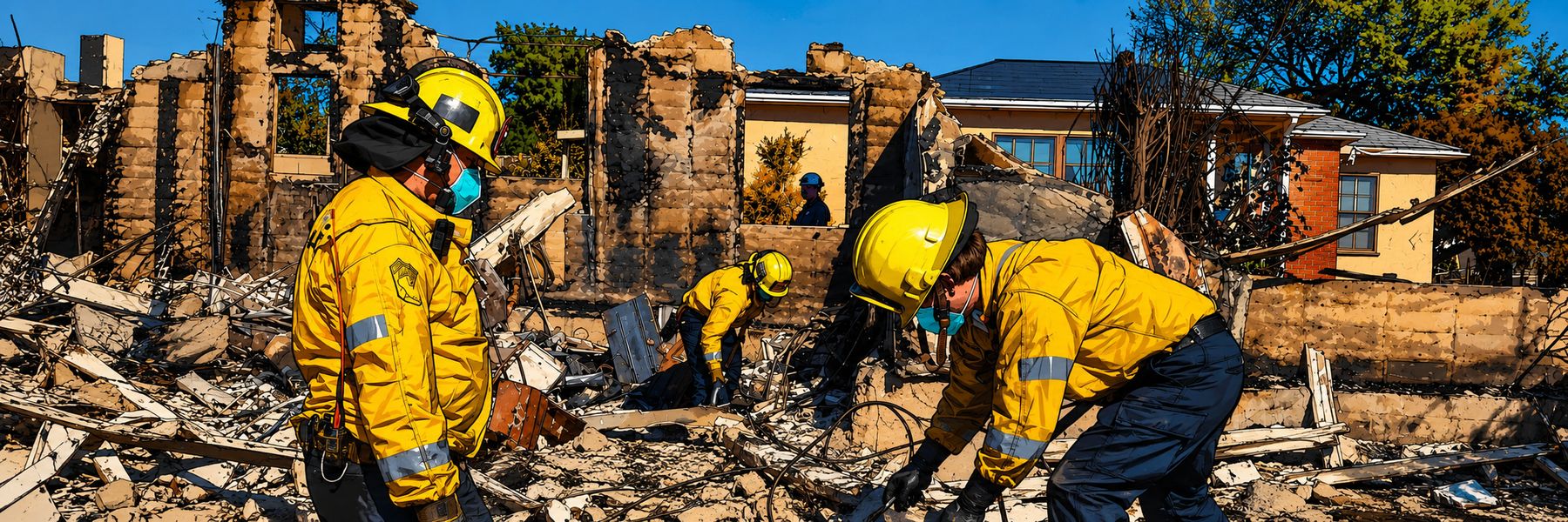 Emergency personnel clearing debris and structural rubble