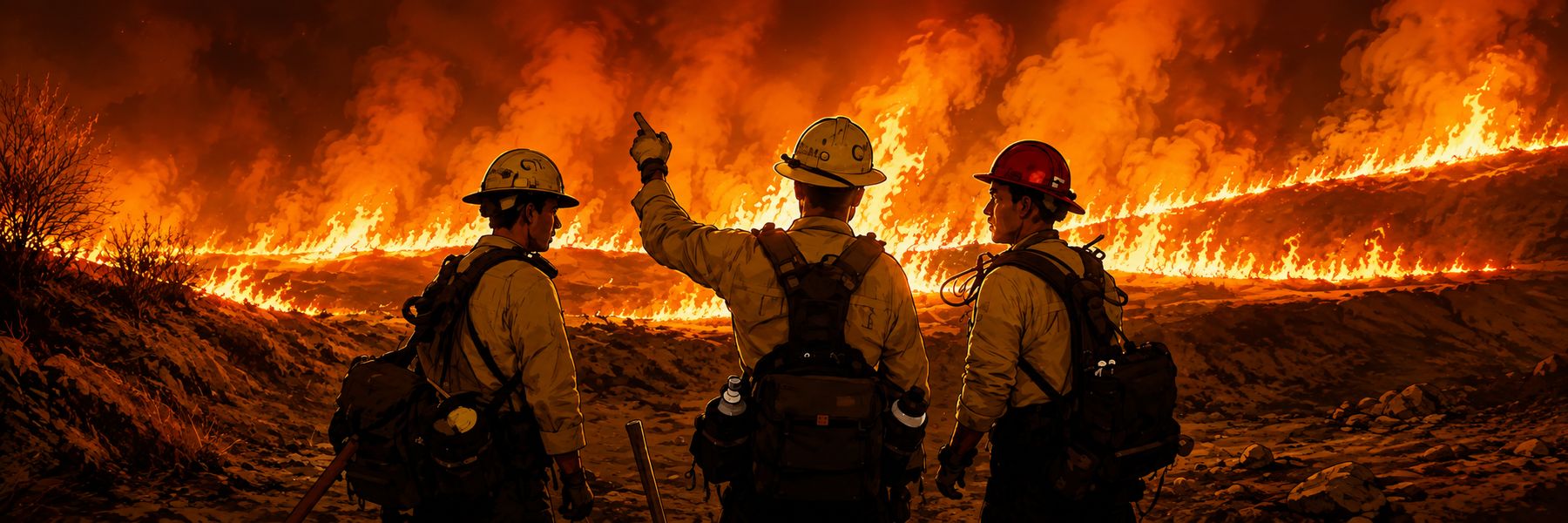 Firefighters coordinating strategy at the edge of a major wildfire