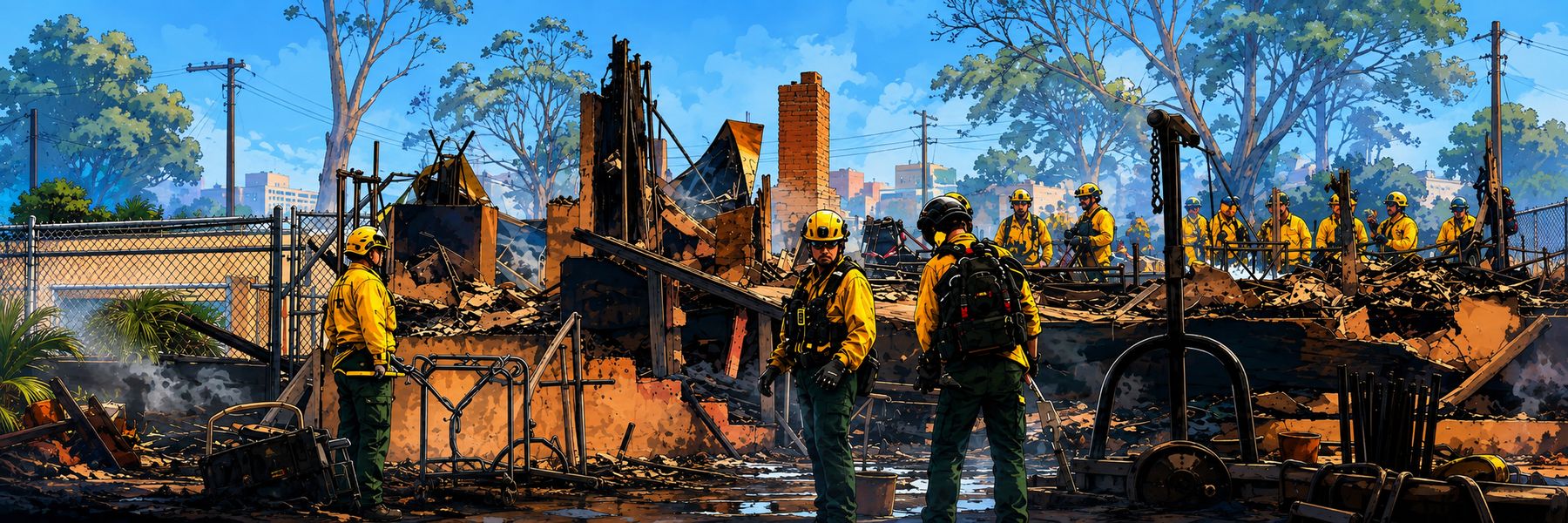 Multi-team emergency cleanup operation at a destroyed urban structure