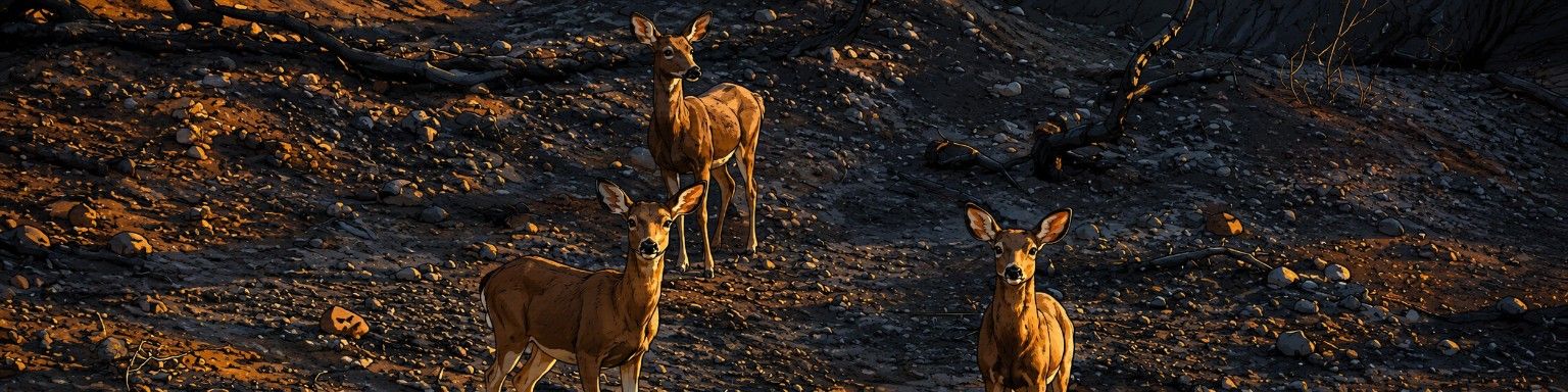 Deer standing in a wildfire-burned landscape